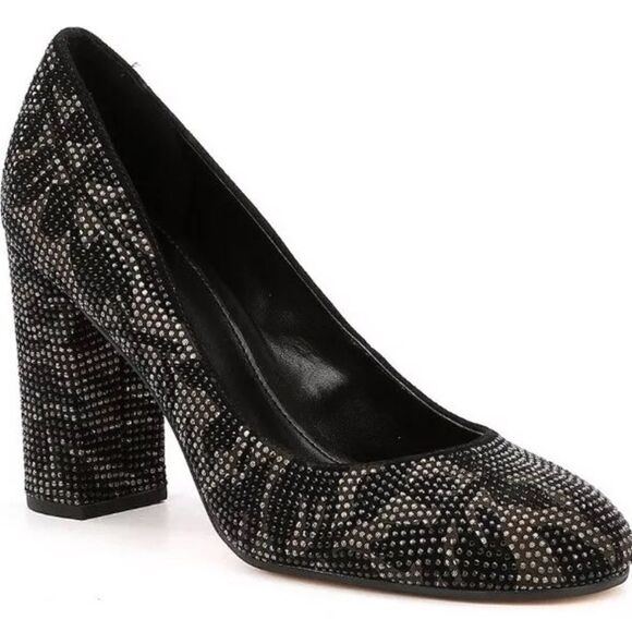 Michael Michael Kors Jaime Pump Women Size 7 Floral Black Rhinestone Block Heel - Picture 1 of 13